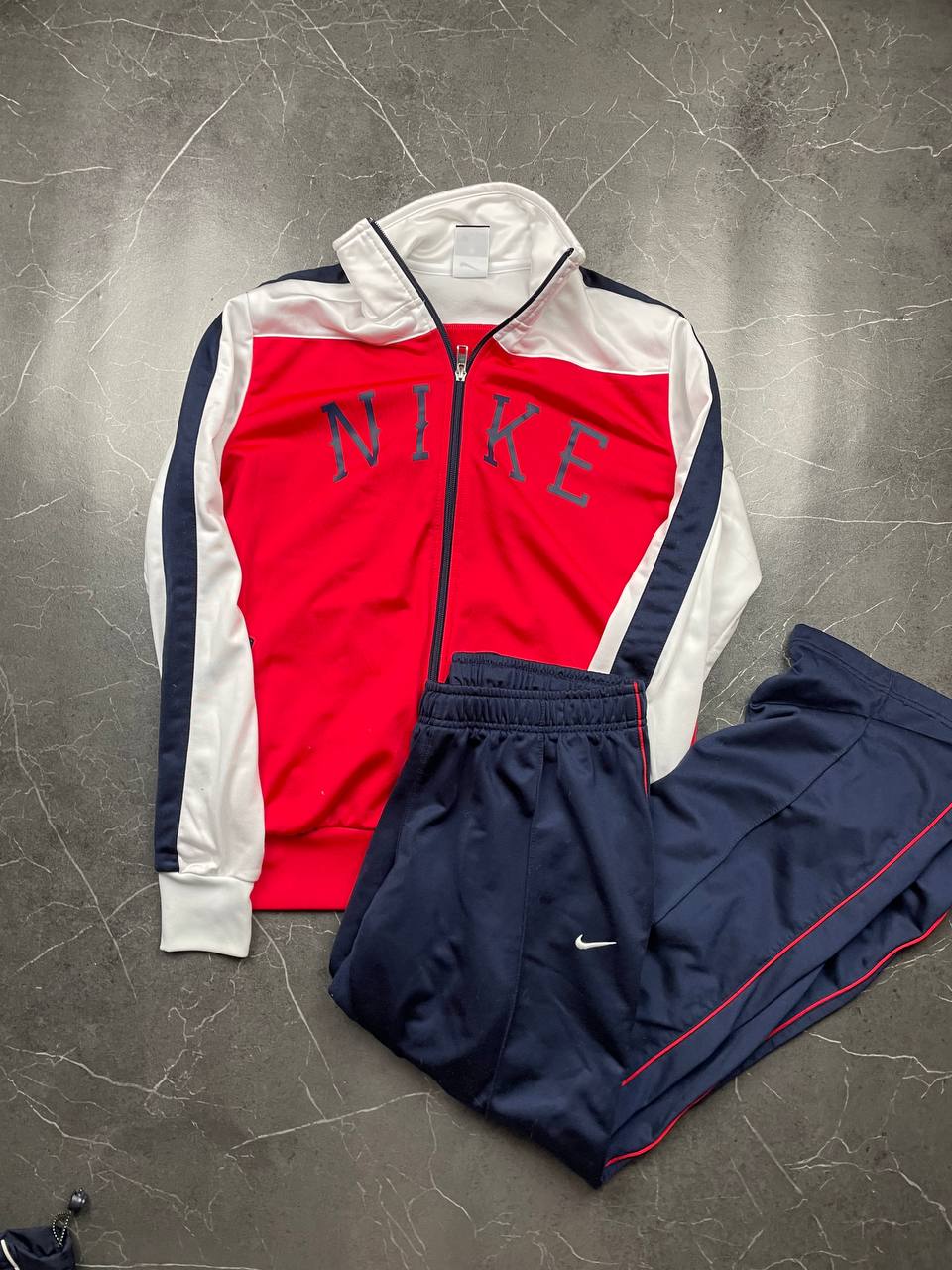 Nike men's tracksuit navy red white full zip jacket with logo and piping details