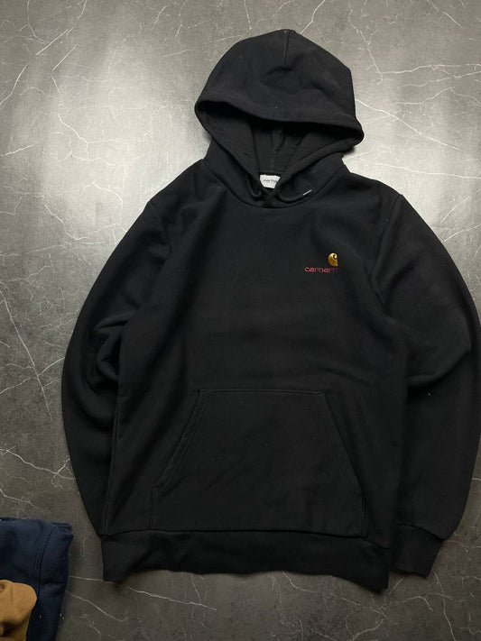 Carhartt black hooded sweatshirt small embroidered logo and front kangaroo pocket.