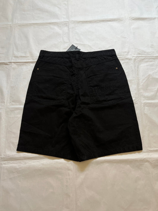 Southpole black denim shorts size 36 with bronze button detailing and embroidered logo.