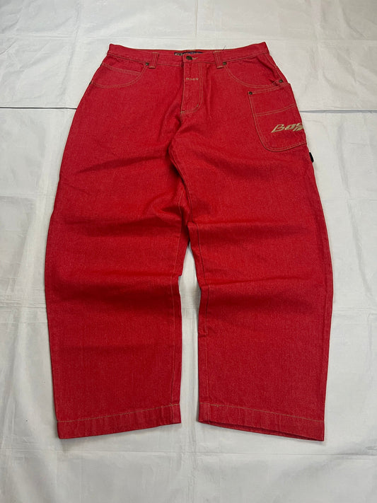 BOSS red carpenter jeans 100% cotton with yellow stitching and logo detailing.
