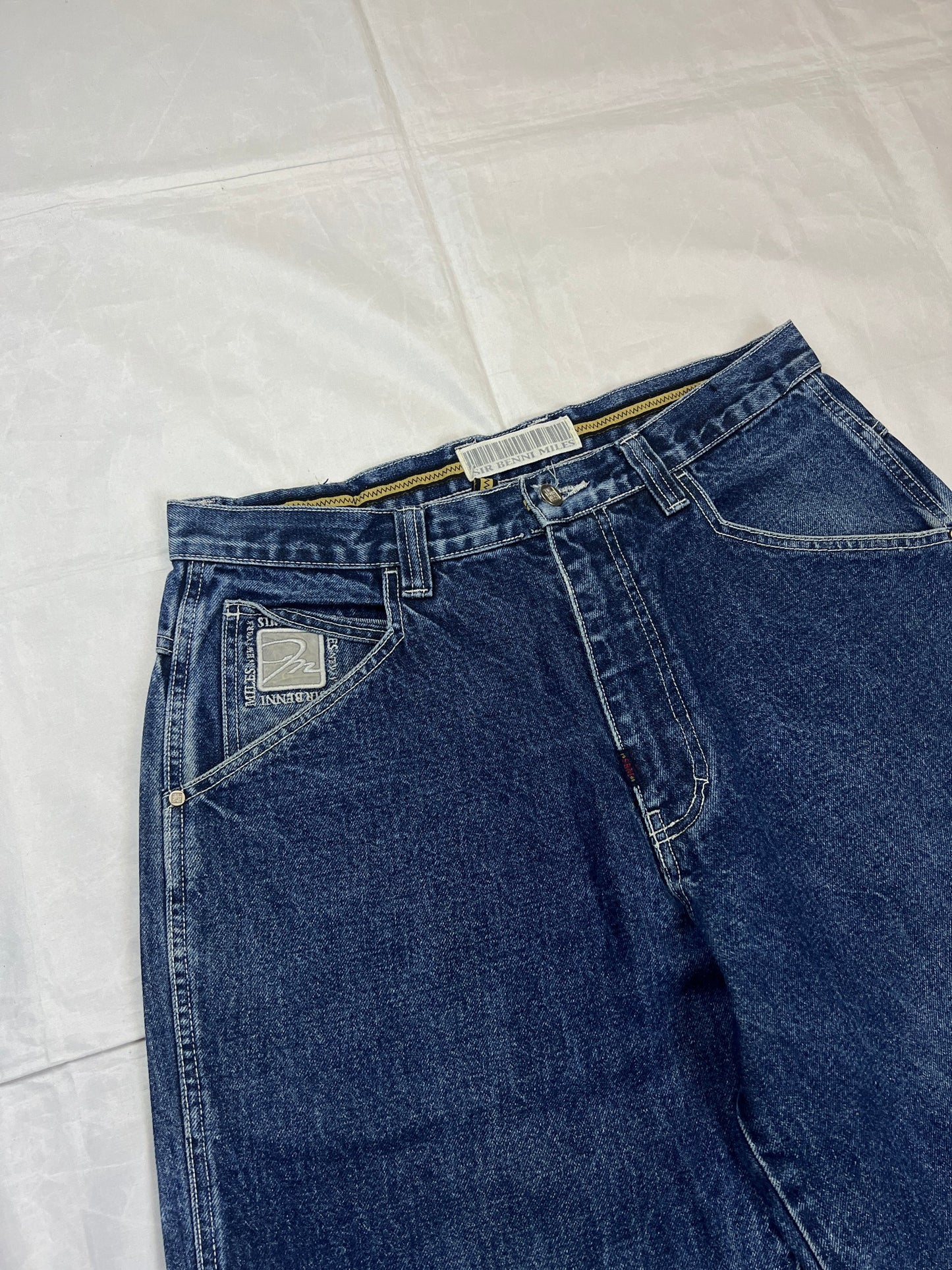SIR BENNI MILES blue wide-leg jeans distressed with rips, branded back pockets, 100% cotton.