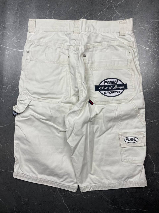 FUBU white cargo shorts 100% cotton with multiple pockets and detailed branding.