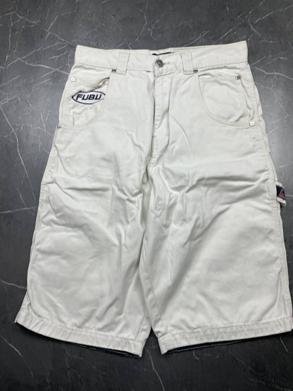 FUBU white cargo shorts 100% cotton with multiple pockets and detailed branding.