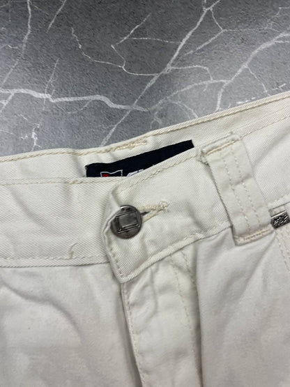 FUBU white cargo shorts 100% cotton with multiple pockets and detailed branding.