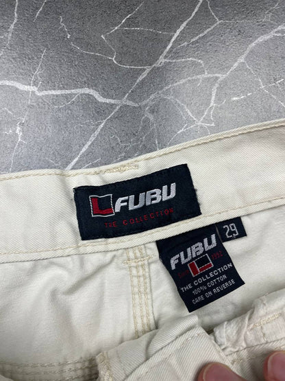 FUBU white cargo shorts 100% cotton with multiple pockets and detailed branding.