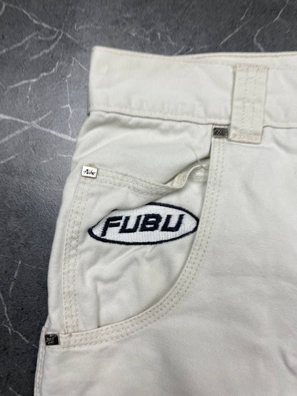 FUBU white cargo shorts 100% cotton with multiple pockets and detailed branding.