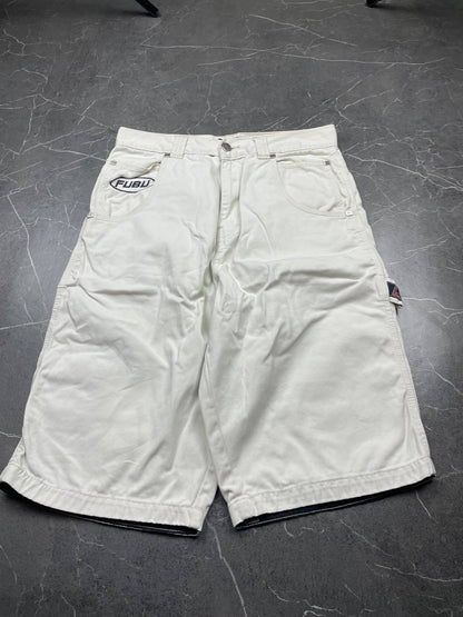 FUBU white cargo shorts 100% cotton with multiple pockets and detailed branding.
