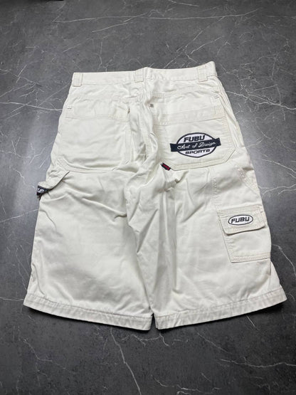 FUBU white cargo shorts 100% cotton with multiple pockets and detailed branding.