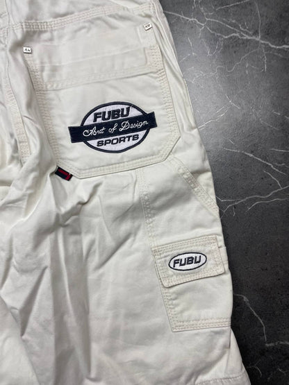 FUBU white cargo shorts 100% cotton with multiple pockets and detailed branding.