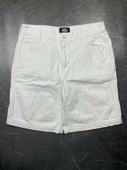Dickies white cotton work shorts with logo on back pocket and waistband label.