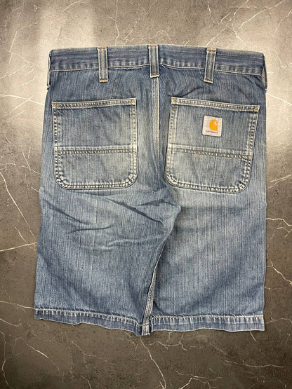 Carhartt blue denim work shorts size 32 with button closure and large back pockets.
