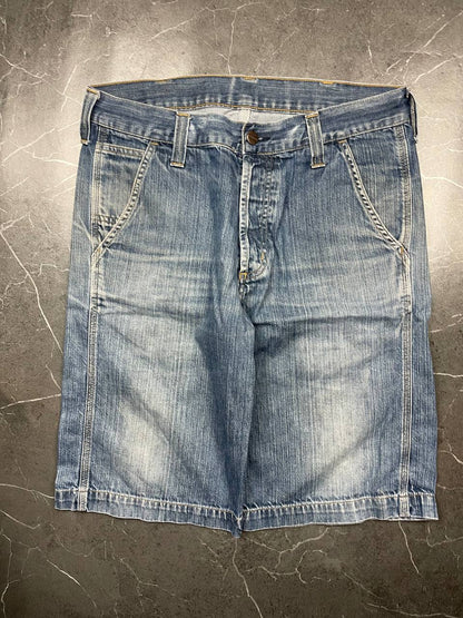 Carhartt blue denim work shorts size 32 with button closure and large back pockets.