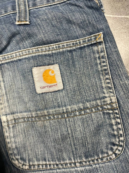 Carhartt blue denim work shorts size 32 with button closure and large back pockets.