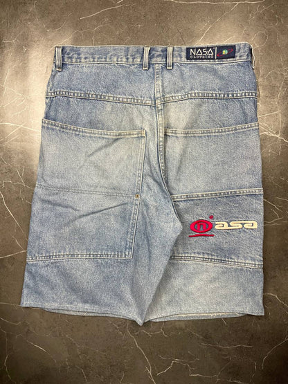 NASA Clothing light blue denim shorts with embroidered logo and classic 5-pocket styling.