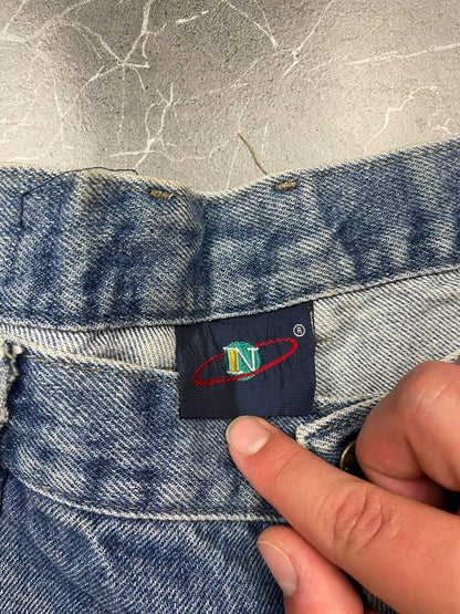NASA Clothing light blue denim shorts with embroidered logo and classic 5-pocket styling.