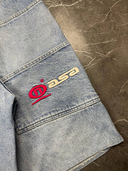 NASA Clothing light blue denim shorts with embroidered logo and classic 5-pocket styling.