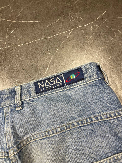 NASA Clothing light blue denim shorts with embroidered logo and classic 5-pocket styling.