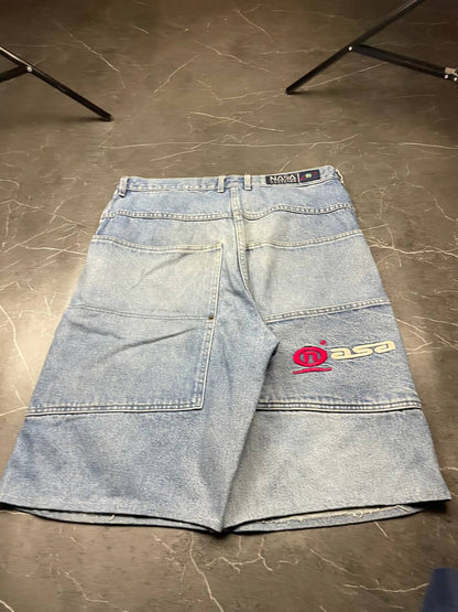 NASA Clothing light blue denim shorts with embroidered logo and classic 5-pocket styling.