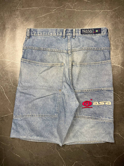 NASA Clothing light blue denim shorts with embroidered logo and classic 5-pocket styling.