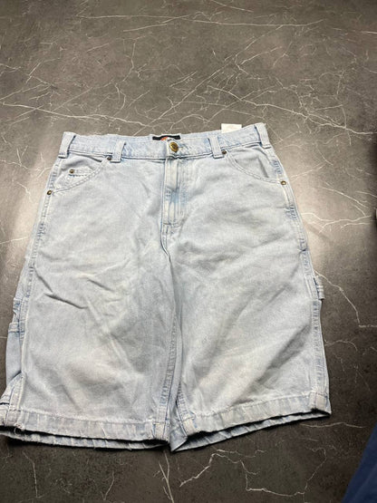 Dickies light blue denim carpenter shorts with logo button, multiple pockets, and hammer loop.