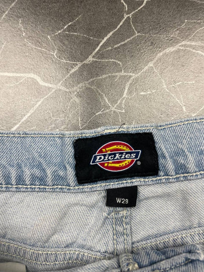 Dickies light blue denim carpenter shorts with logo button, multiple pockets, and hammer loop.