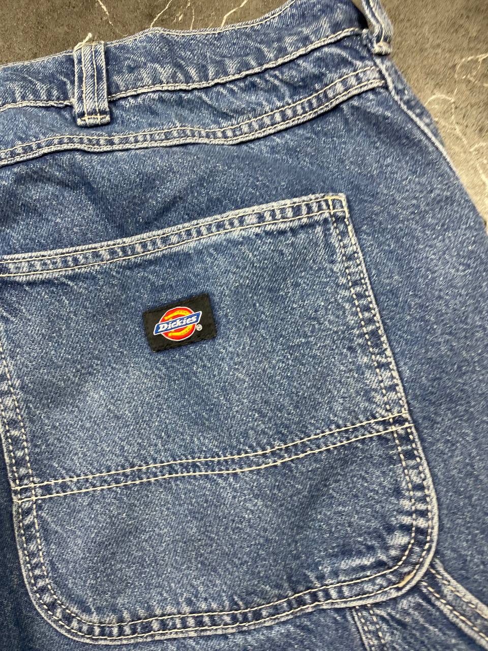 Dickies blue denim carpenter shorts heavyweight cotton with multiple pockets and hammer loop.