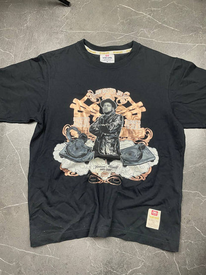 Ecko Unltd black graphic t-shirt featuring Jam Master Jay tribute and embroidered logo tab.