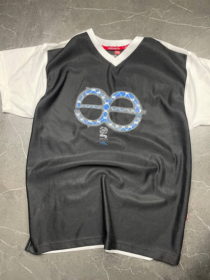 Ecko Unltd black vintage graphic t-shirt with white V-neck collar and blue face design.