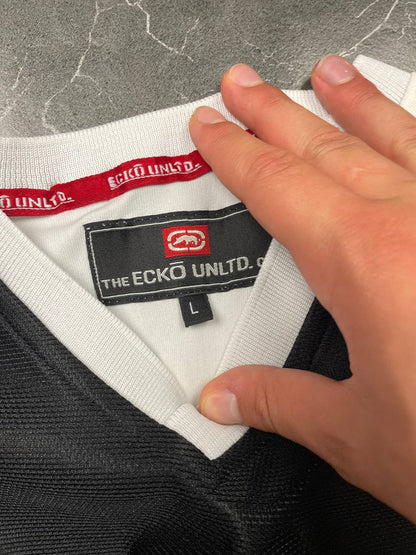 Ecko Unltd black vintage graphic t-shirt with white V-neck collar and blue face design.