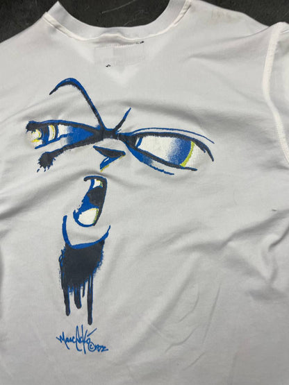 Ecko Unltd black vintage graphic t-shirt with white V-neck collar and blue face design.
