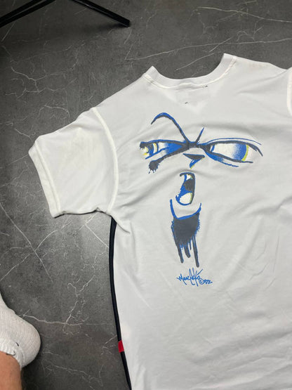 Ecko Unltd black vintage graphic t-shirt with white V-neck collar and blue face design.