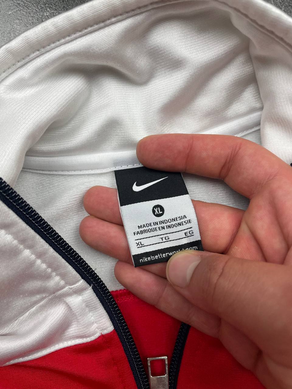 Nike men's tracksuit navy red white full zip jacket with logo and piping details