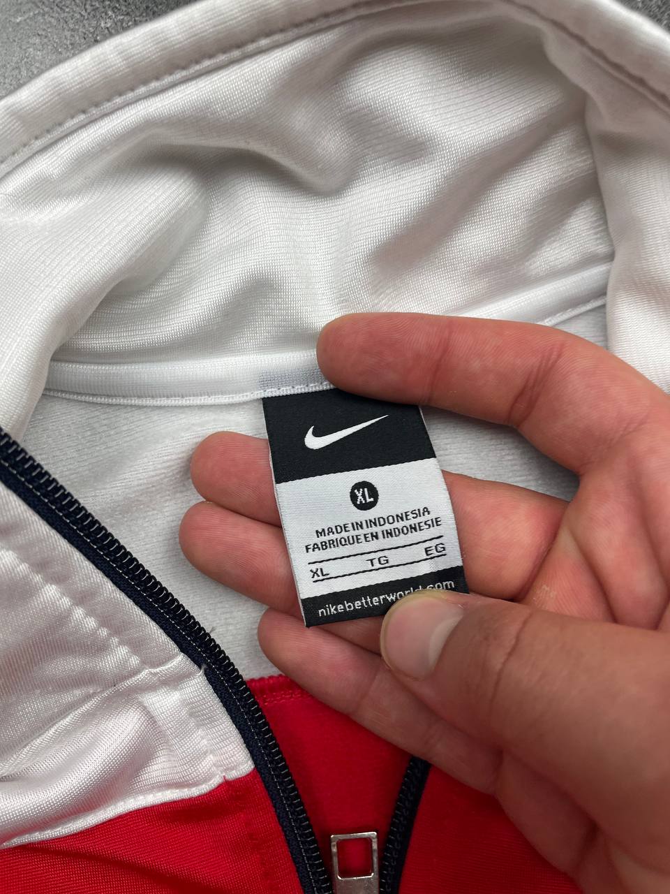 Nike men's tracksuit navy red white full zip jacket with logo and piping details