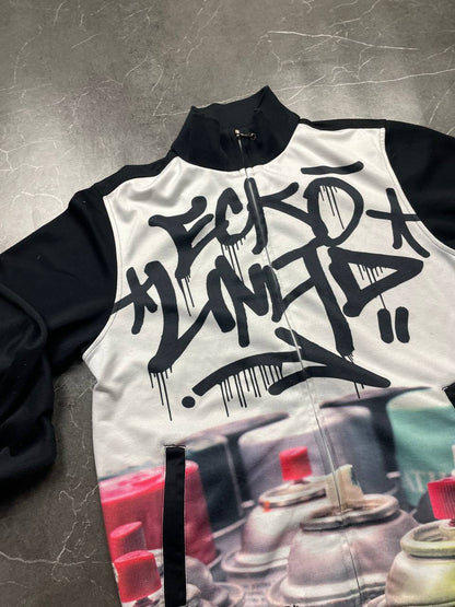 Ecko Unltd black zip-up jacket with graffiti print and spray paint can details.