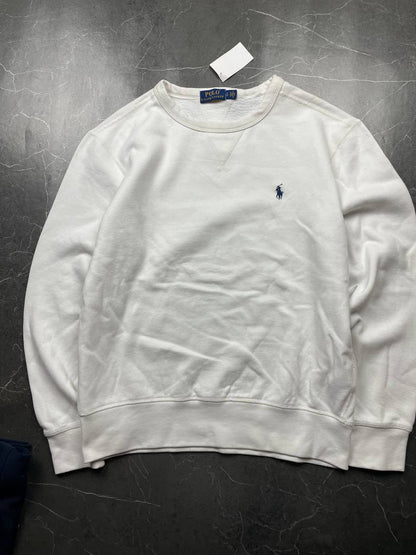 Polo Ralph Lauren navy sweatshirt with white embroidered logo and ribbed cuffs.
