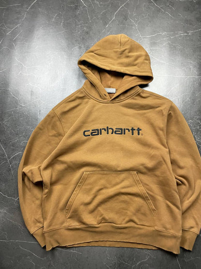 Carhartt brown hoodie large fleece, kangaroo pocket, ribbed hem and cuffs.