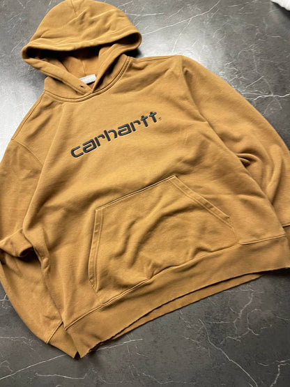 Carhartt brown hoodie large fleece, kangaroo pocket, ribbed hem and cuffs.