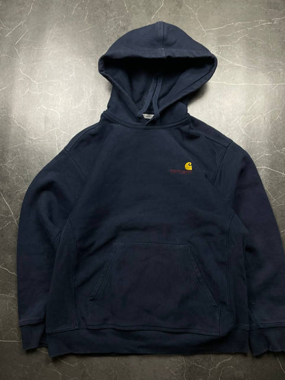 Carhartt navy hooded sweatshirt with American script logo on front left chest.