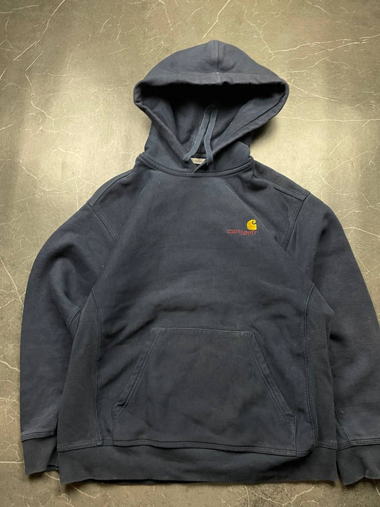 Carhartt navy hooded sweatshirt with American script logo on front left chest.