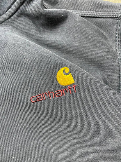 Carhartt navy hooded sweatshirt with American script logo on front left chest.
