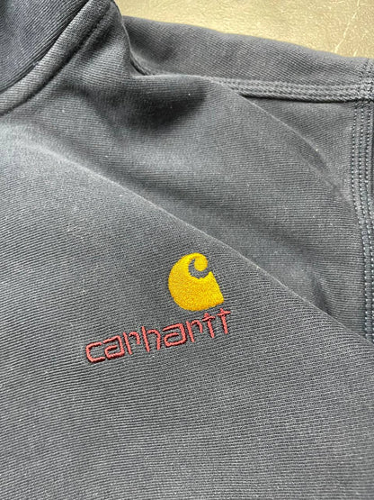 Carhartt navy hooded sweatshirt with American script logo on front left chest.