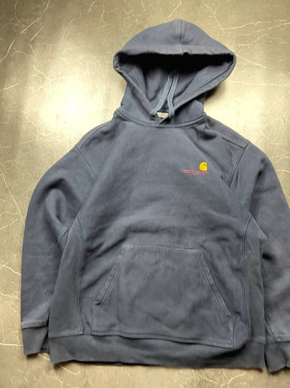 Carhartt navy hooded sweatshirt with American script logo on front left chest.