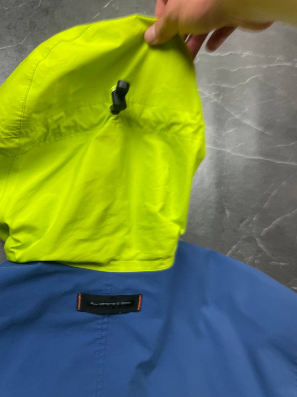 Nike ACG hooded jacket blue and neon green colour block design, Gore-Tex material.