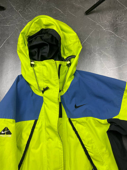 Nike ACG hooded jacket blue and neon green colour block design, Gore-Tex material.