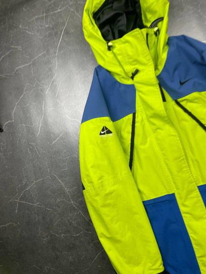 Nike ACG hooded jacket blue and neon green colour block design, Gore-Tex material.