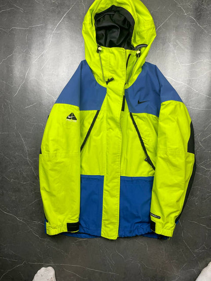 Nike ACG hooded jacket blue and neon green colour block design, Gore-Tex material.