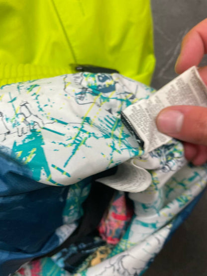 Oakley lime green ski jacket with hood, multicolored interior lining, logo on chest.