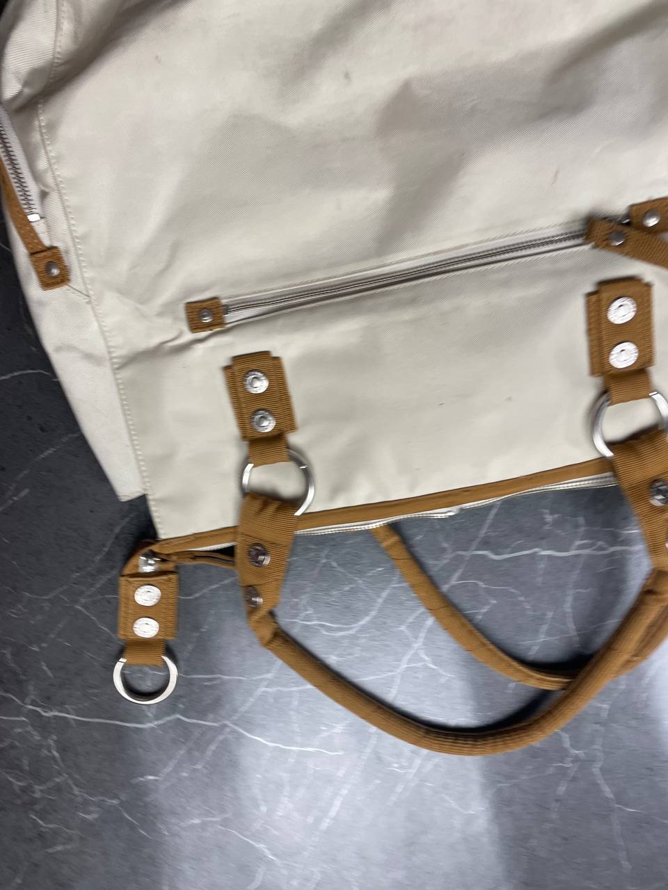 George Gina & Lucy beige canvas shoulder bag with brown straps and embroidered logo.