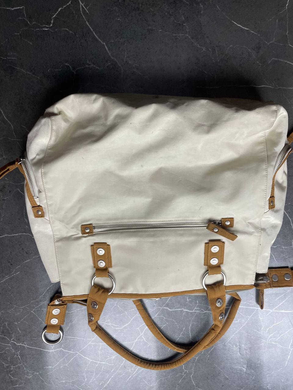 George Gina & Lucy beige canvas shoulder bag with brown straps and embroidered logo.