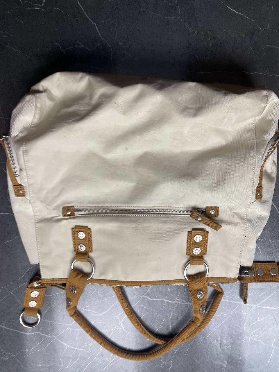 George Gina & Lucy beige canvas shoulder bag with brown straps and embroidered logo.